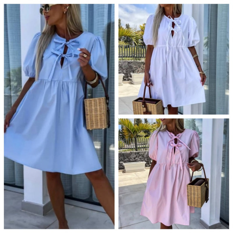 Oana | Short Puff Sleeve Bow Tie Dress