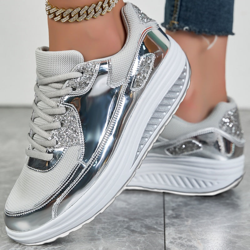 Darina | Casual Platform Sneakers Metallic Panel Lace Up