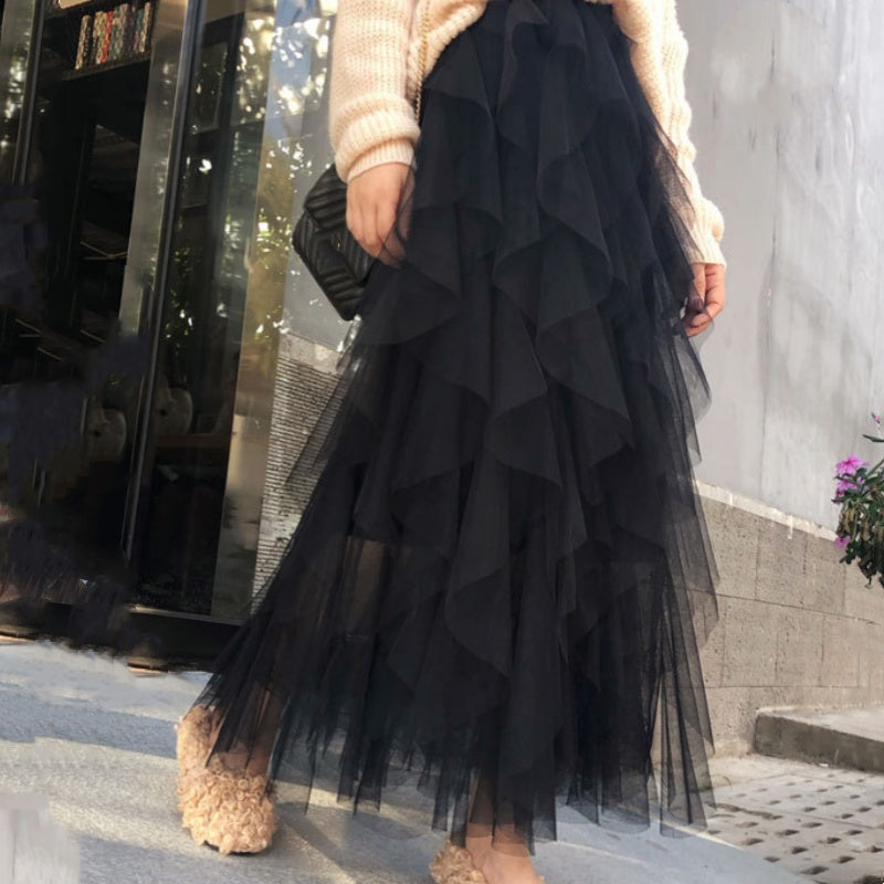 Nadeene | Layered Mesh High Waist Midi Skirt