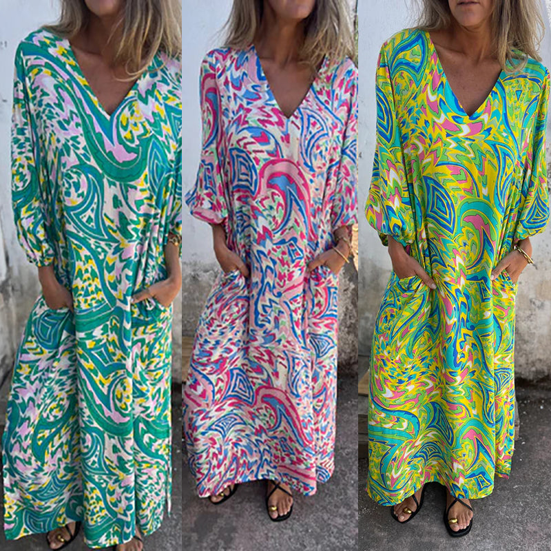 Yanina | Printed V Neck Puff Sleeve Maxi Dress