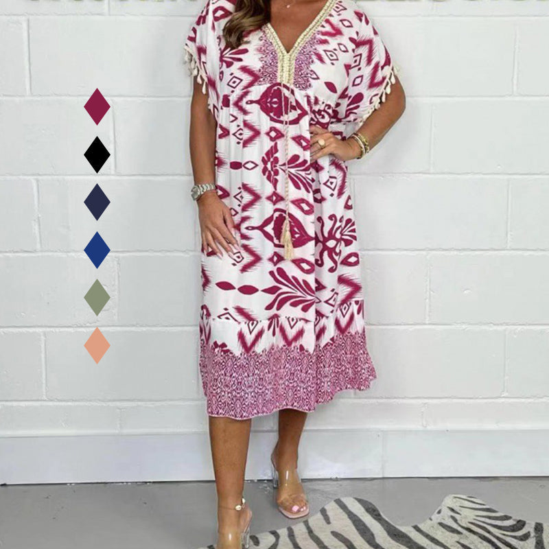 Alyex | Printed V Neck Short Sleeve Midi Dress