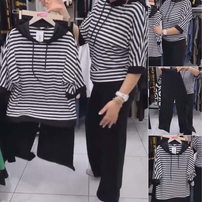 Dwiska | Hooded Striped Short Sleeve Top
