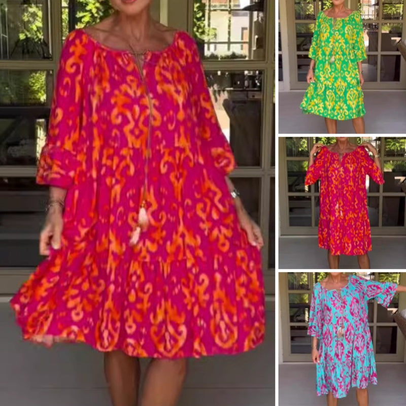 Toula | Printed Loose Fit Round Neck Midi Dress