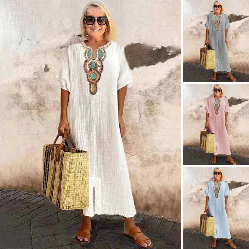 Lioba | Embroidered V-Neck Short Sleeve Midi Dress
