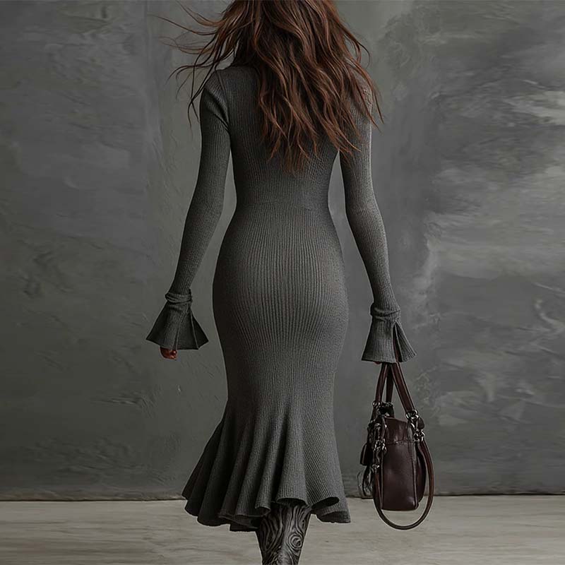 Yafella | Ribbed Knit Zip-Neck Flared Midi Dress