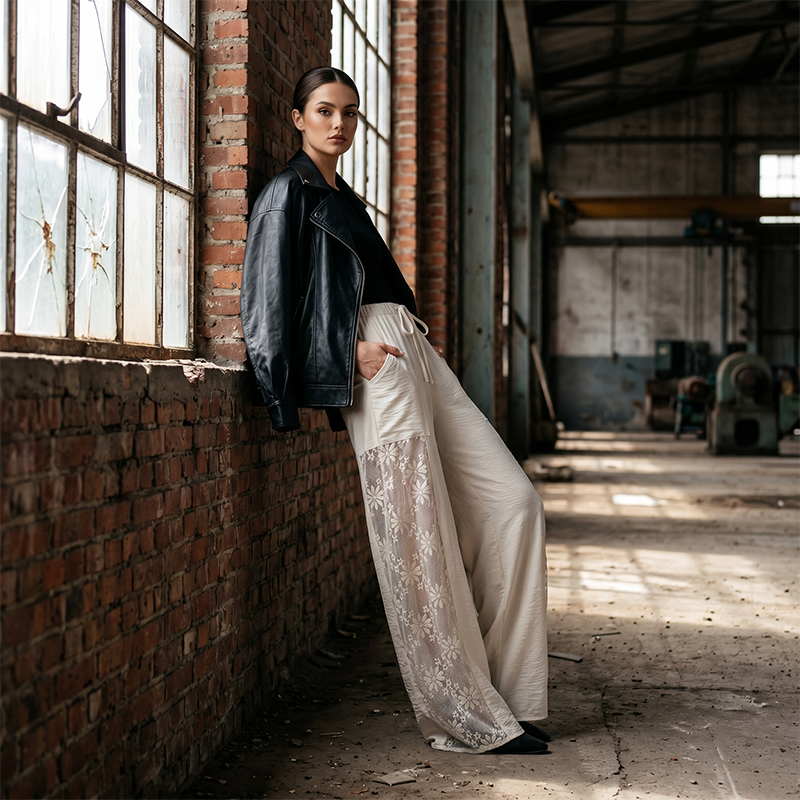 Qerina | Wide Leg Floral Lace Panel Trousers