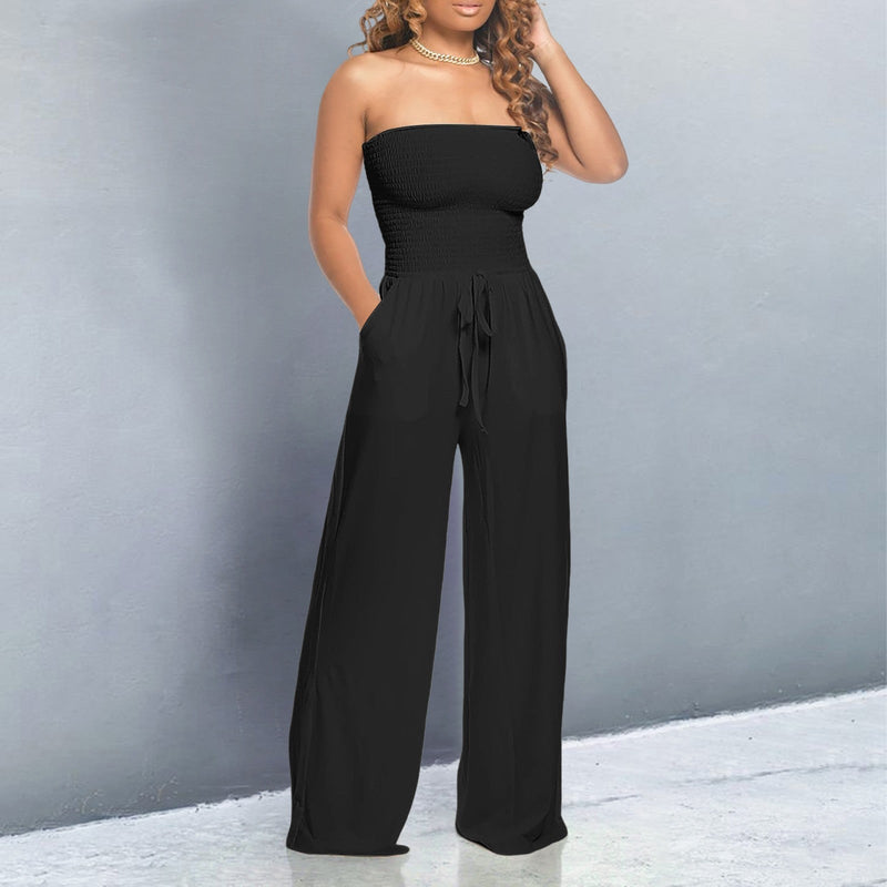 Zeina | Strapless Shirred Wide Leg Jumpsuit