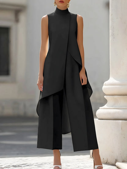 Germine | Sleeveless High Neck Draped Wide Leg Jumpsuit