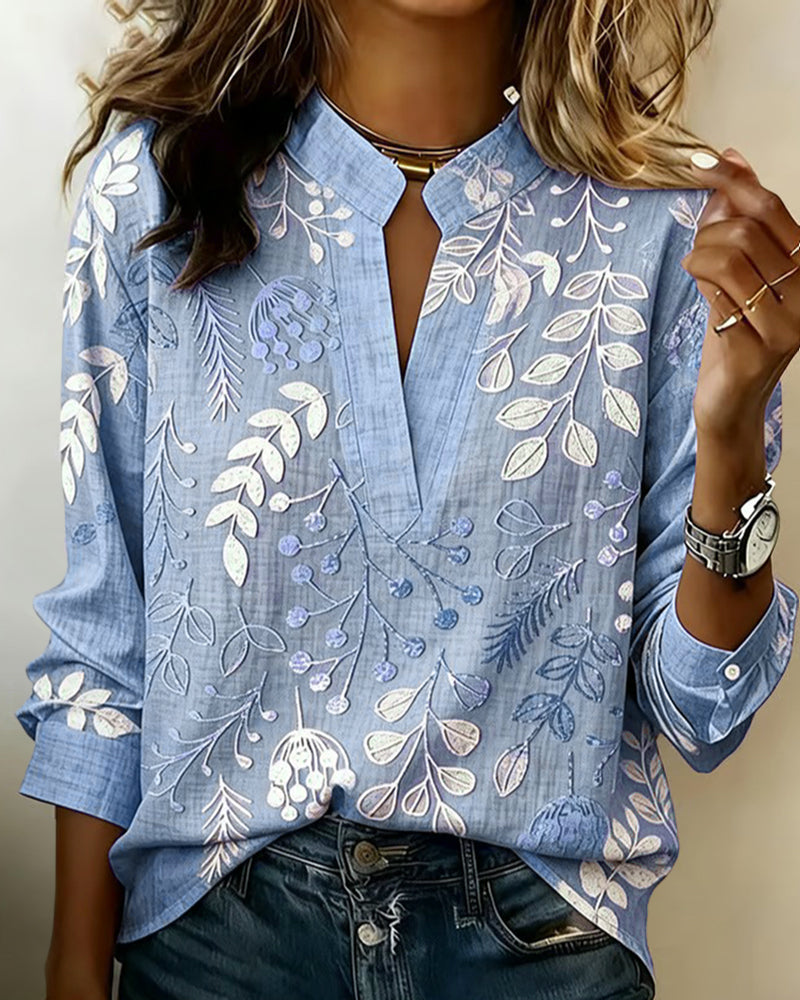Adanna | Blouse With Split Neck Botanical Print