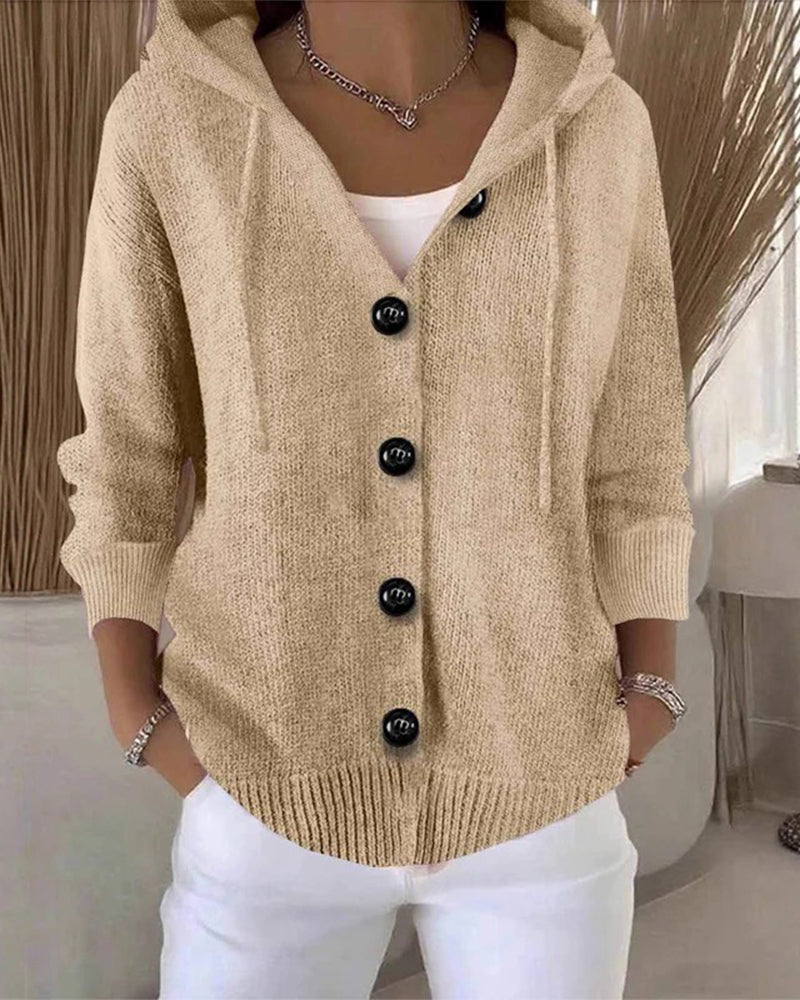 Noreen | Cardigan Beige Hooded Button-Front Knitted Long Sleeve