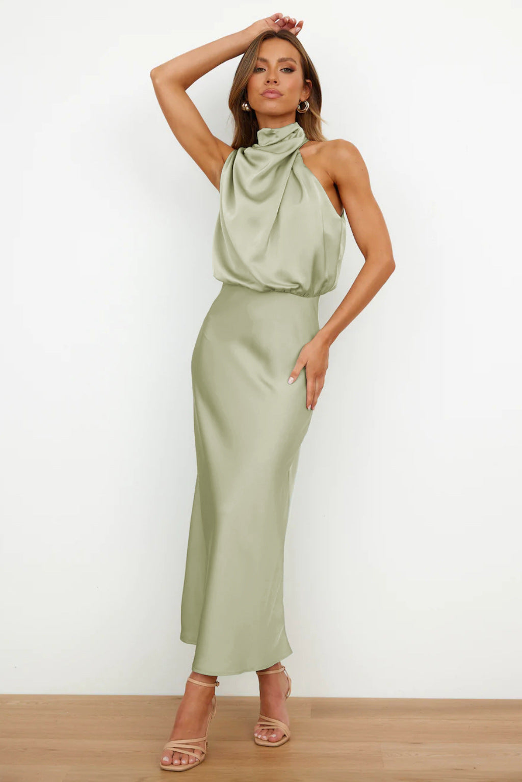 Kangana | Sleeveless High Neck Satin Maxi Dress