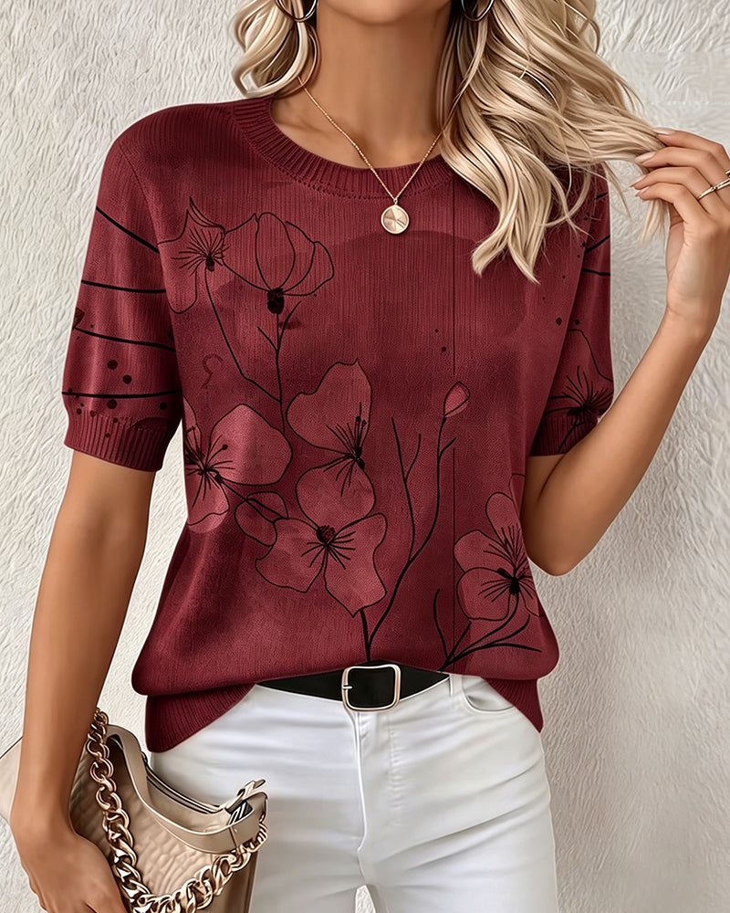 Svea - Floral Print Short Sleeve Knit Top