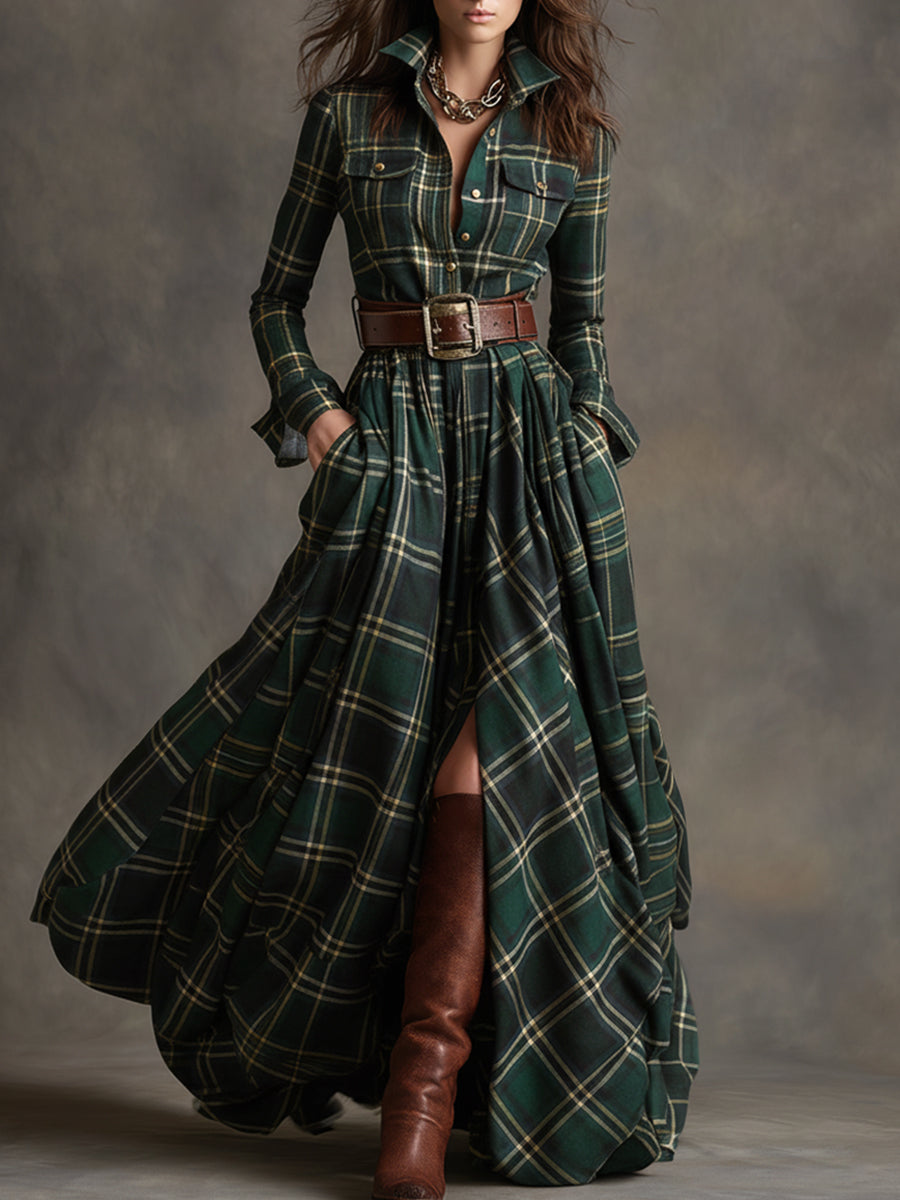 Hadasa | Plaid Collared Long Sleeve Maxi Dress