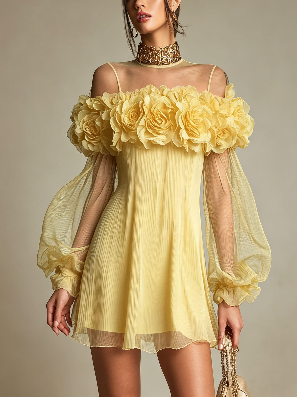 Liziana | Yellow Off-Shoulder Floral Pleated Mini Dress