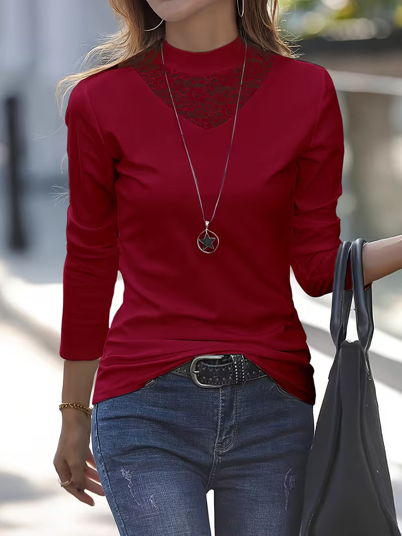 Marine | Long Sleeve Top with Lace Neckline