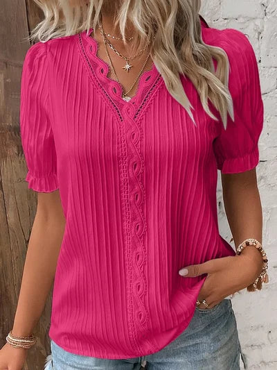 Madelen | V Neck Lace Trim Pleated Blouse