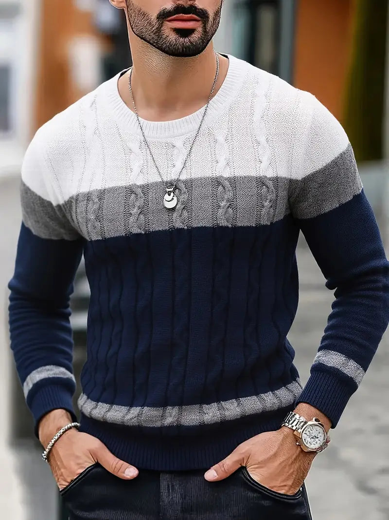 Watkins | Color Block Cable Knit Crewneck Sweater