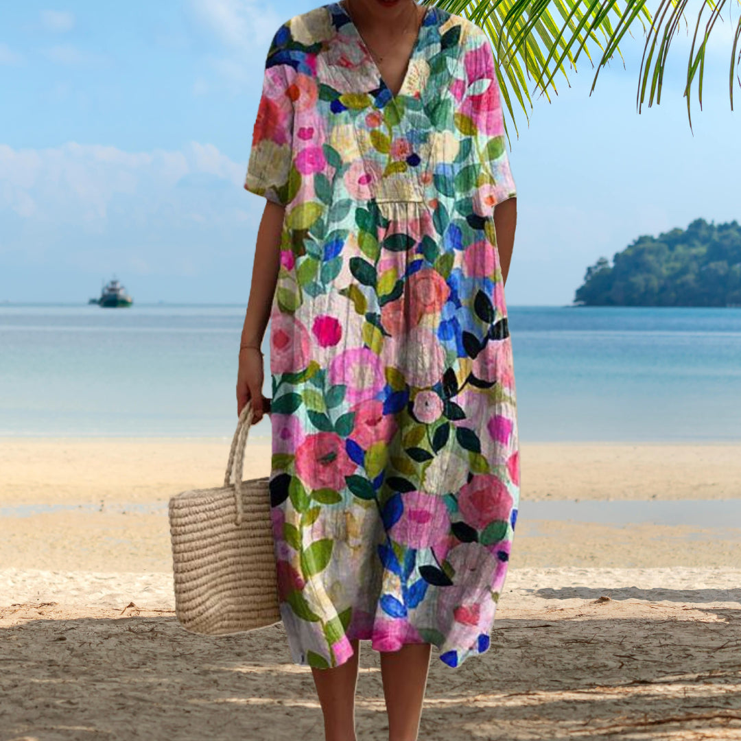 Lora | Floral Print V Neck Midi Dress