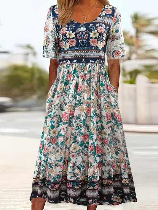 Lisan | Floral Print V-Neck Short Sleeve Midi Dress