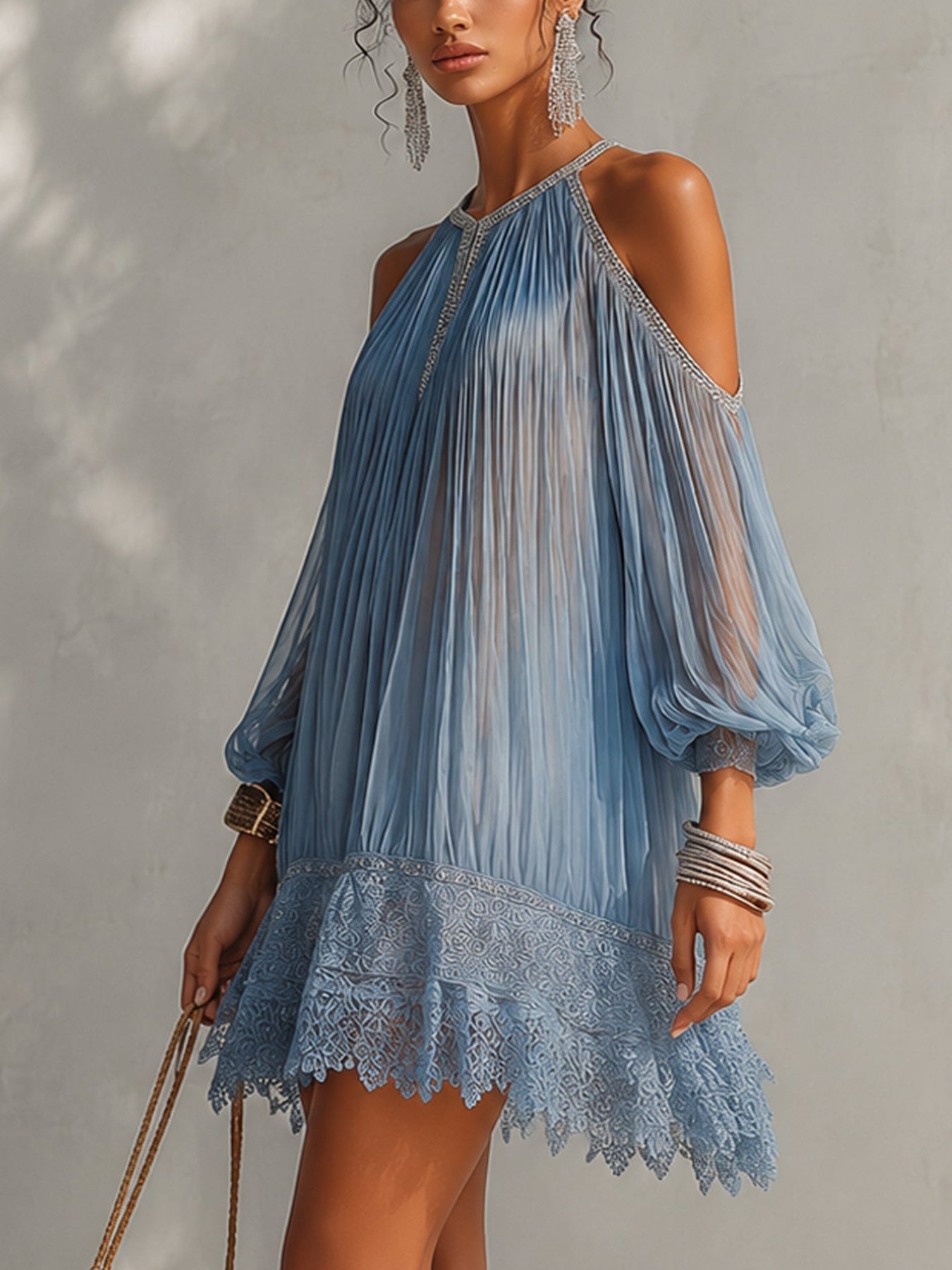 Viyana | Mini Dress Pleated Cold Shoulder Lace Trim