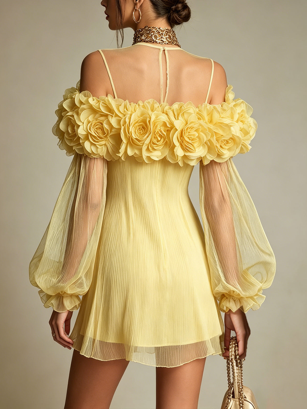 Liziana | Yellow Off-Shoulder Floral Pleated Mini Dress