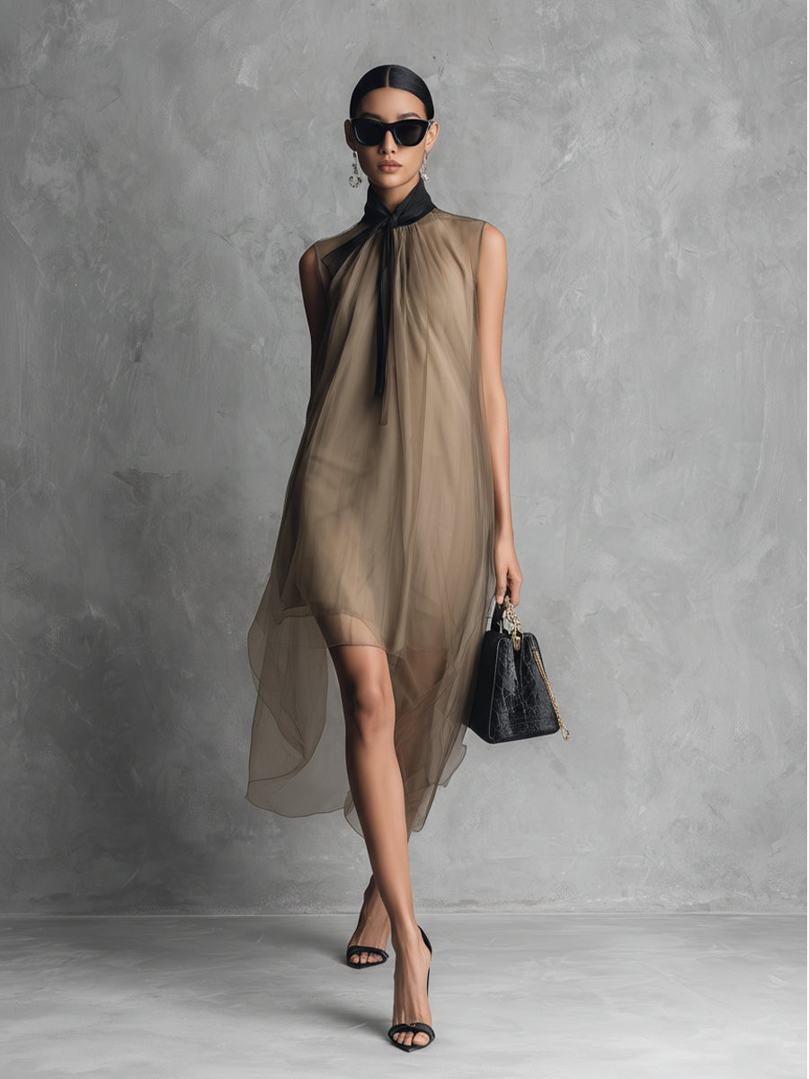 Yupha | Sleeveless High Neck Sheer Midi Dress