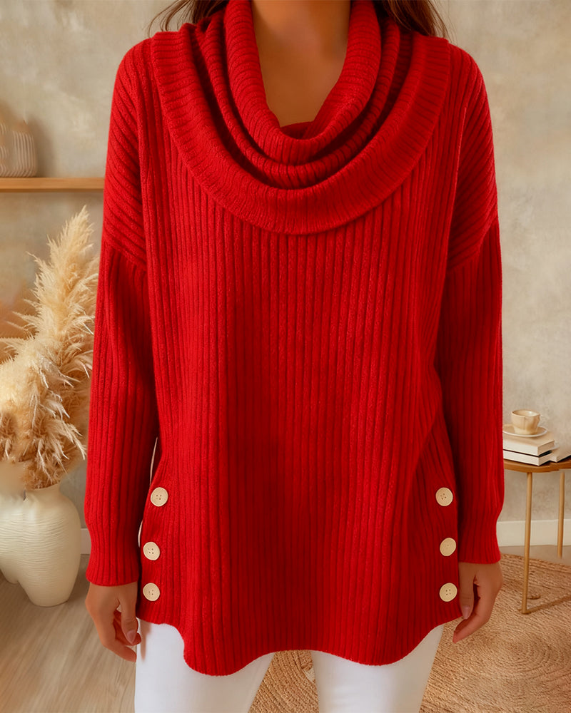 Eileen | Sweater Red Cowl Neck Ribbed Button Hem