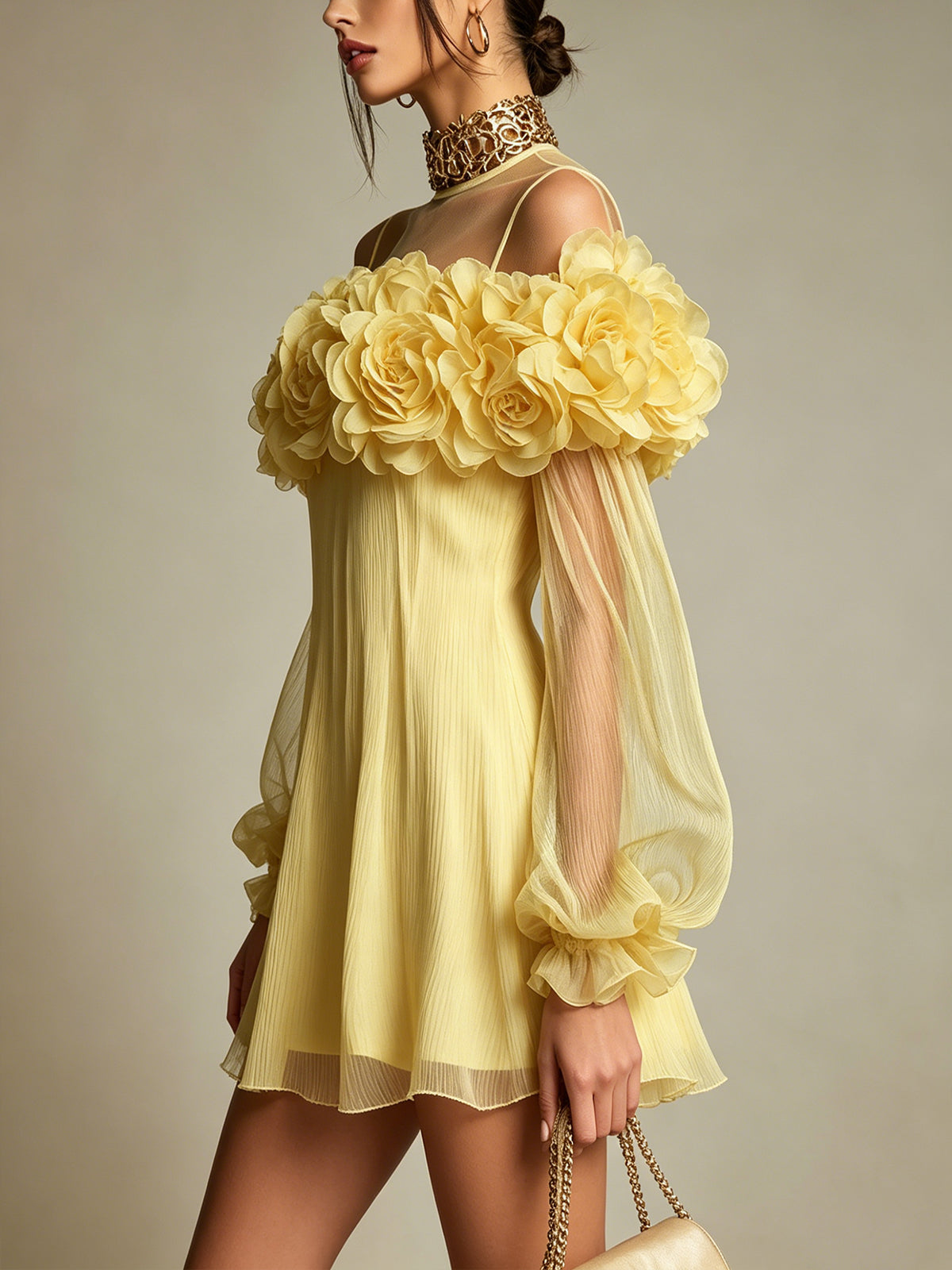 Liziana | Yellow Off-Shoulder Floral Pleated Mini Dress