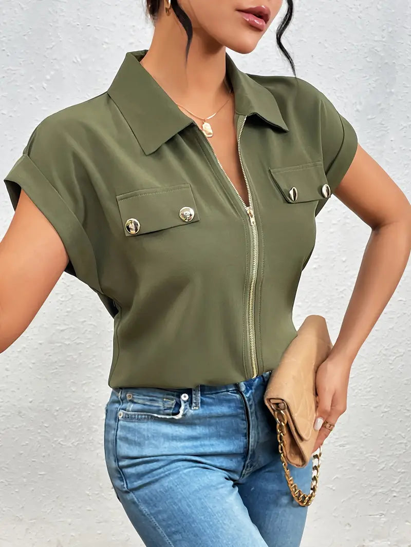 Alfano | Zip Front Collared Short Sleeve Blouse