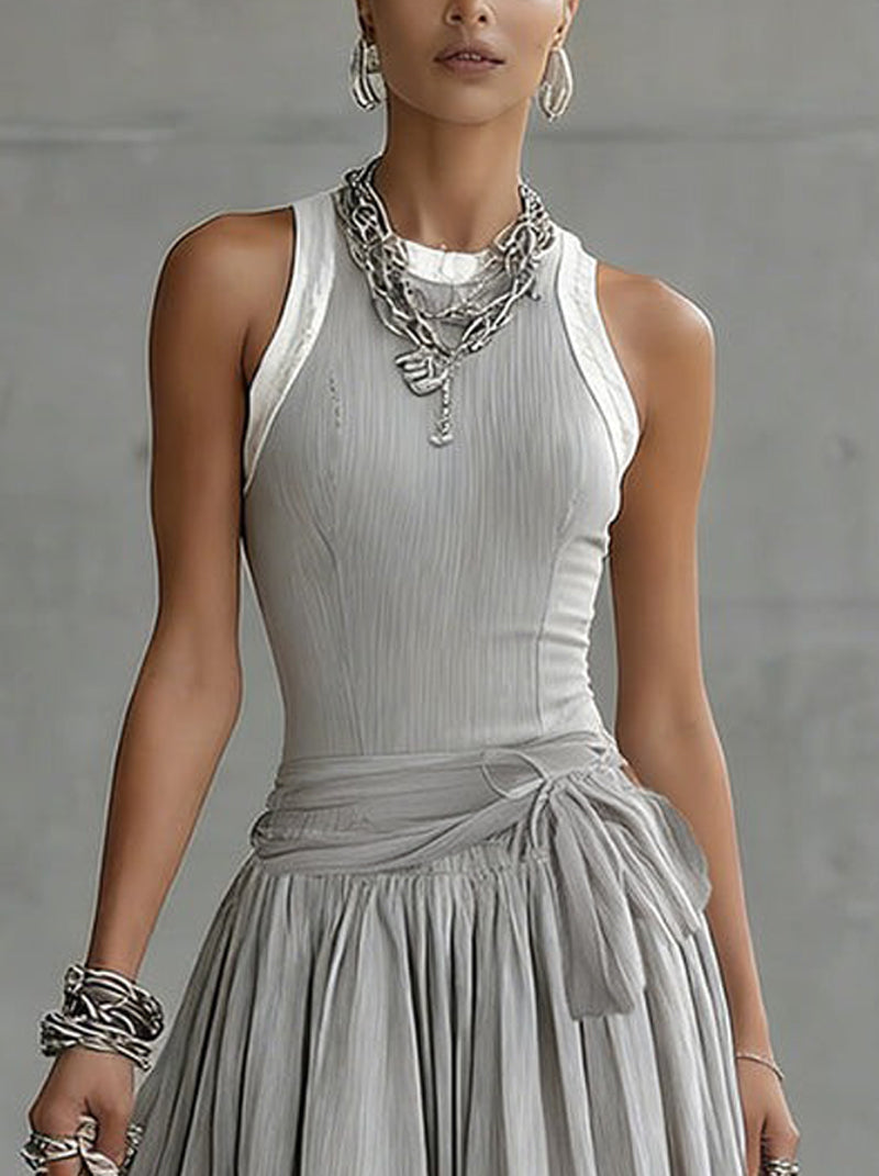Chotika | Sleeveless Ribbed Grey Midi Dress