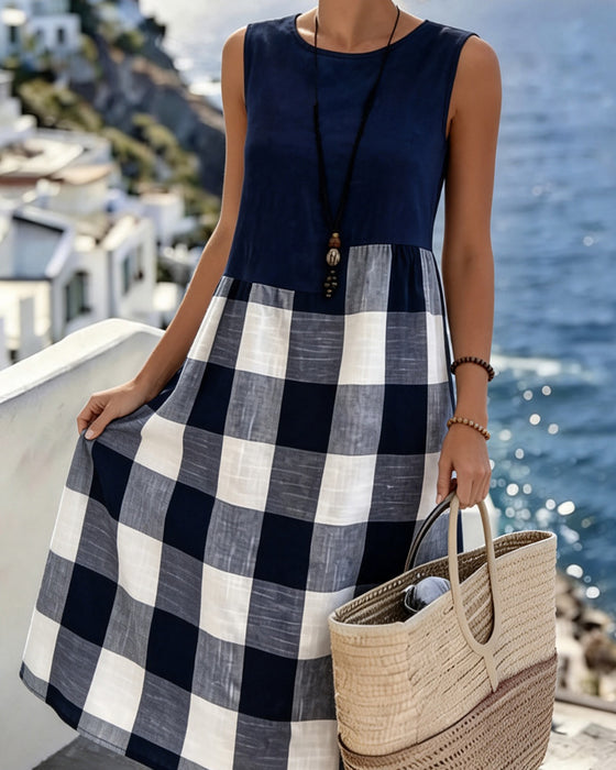 Suzina | Sleeveless Plaid Patchwork Midi Dress