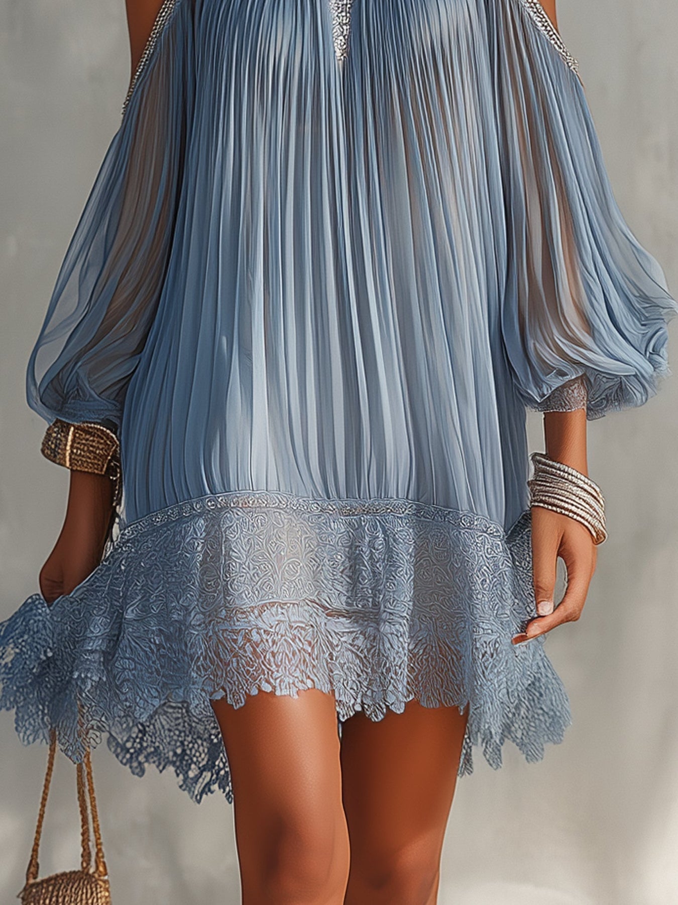 Viyana | Mini Dress Pleated Cold Shoulder Lace Trim