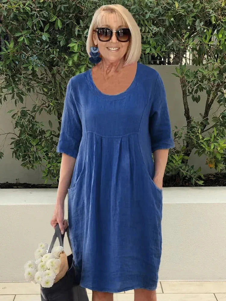 Devyn | Solid Round Neck Pocket Midi Dress