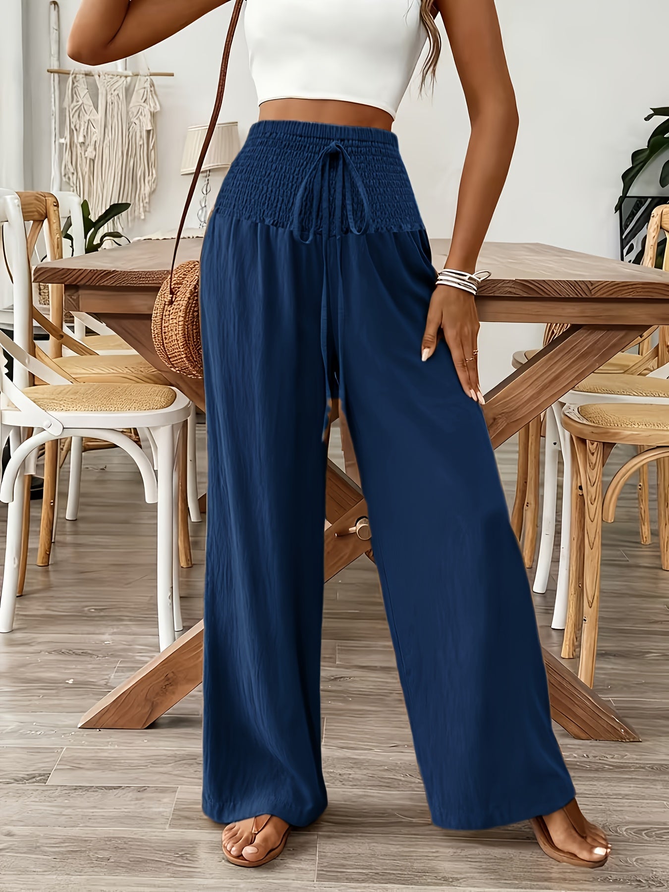 Rebeki | Pants High-Waisted Wide Leg Drawstring Smocked Waist