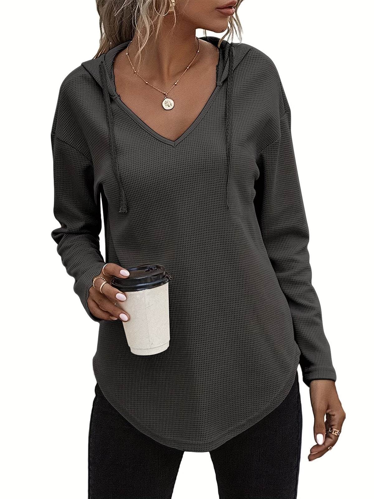 Laurette | Long Sleeve V-Neck Hoodie with Hood