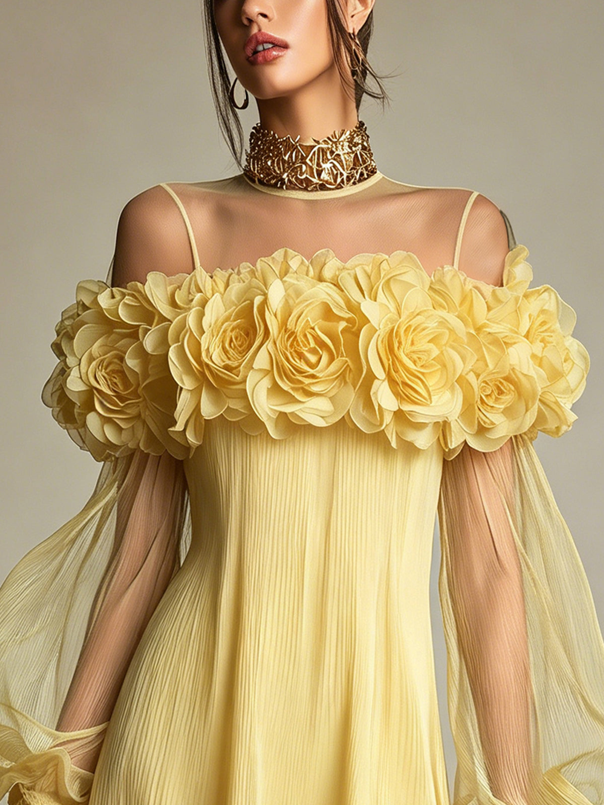 Liziana | Yellow Off-Shoulder Floral Pleated Mini Dress