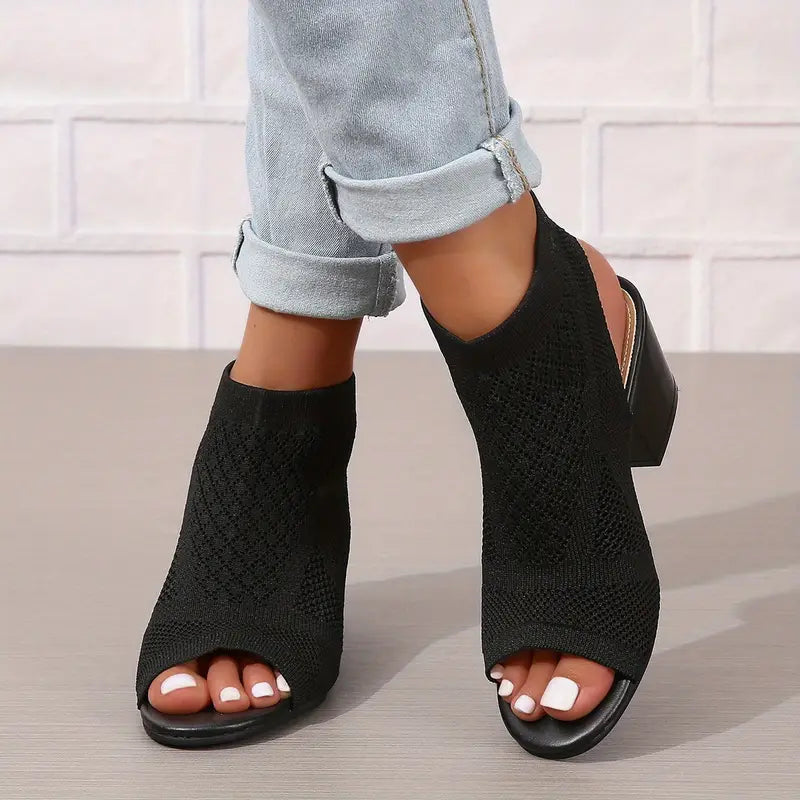 Velina | Peep Toe Knit Block Heel Sandals