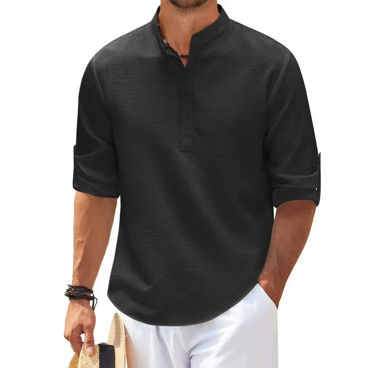 Tjeerd | Textured Henley Stand Collar Shirt