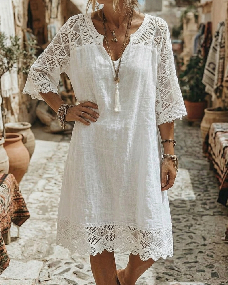 Kilina | V Neck Lace Trim Midi Dress
