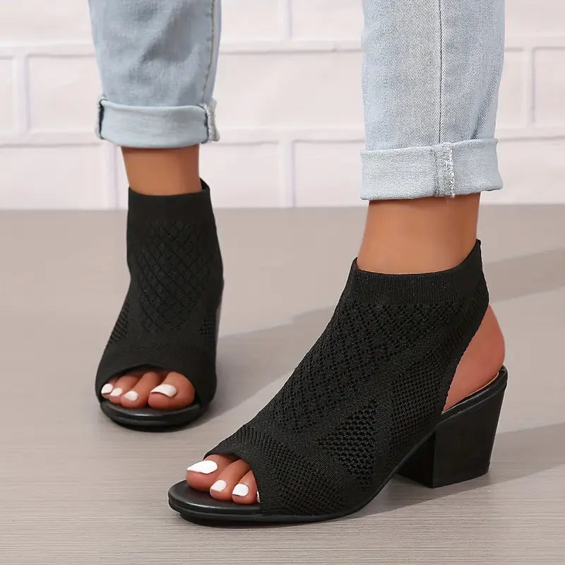 Velina | Peep Toe Knit Block Heel Sandals