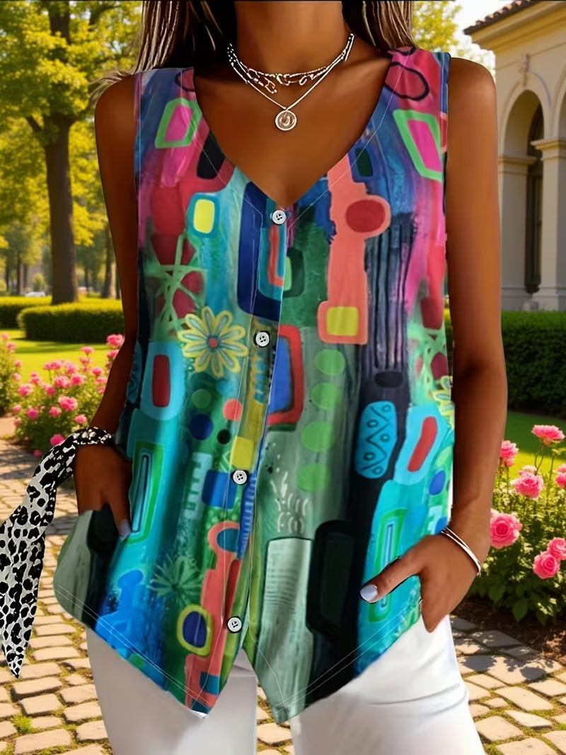 Corinaa | Sleeveless V Neck Printed Button Blouse