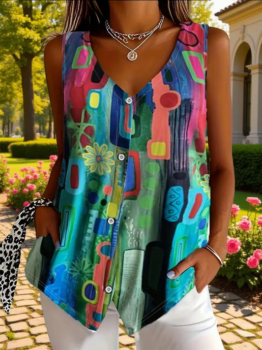 Corinaa | Sleeveless V Neck Printed Button Blouse