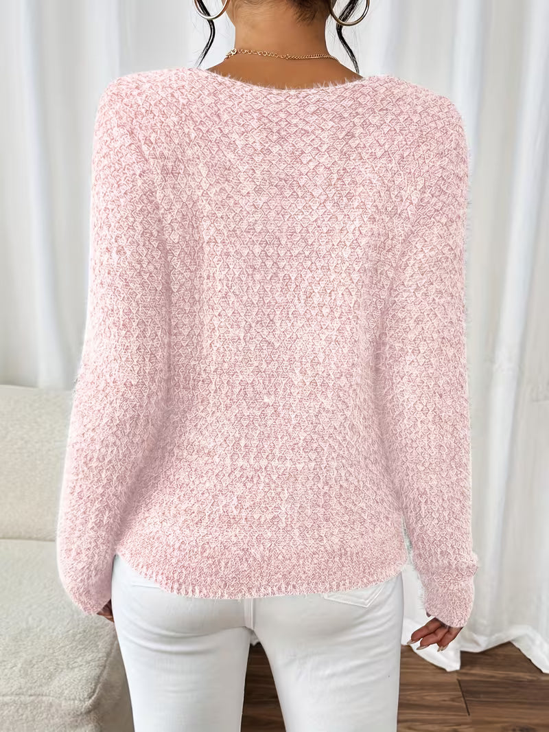 Aderah | Textured V-Neck Long Sleeve Knit Sweater