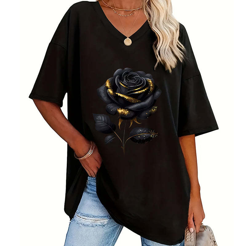 Aijia | T-Shirt Rose Print V-Neck Relaxed Fit