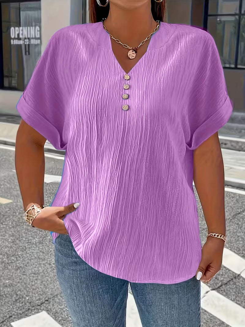 Mrella | T-Shirt with V-Neck Button Front Texture