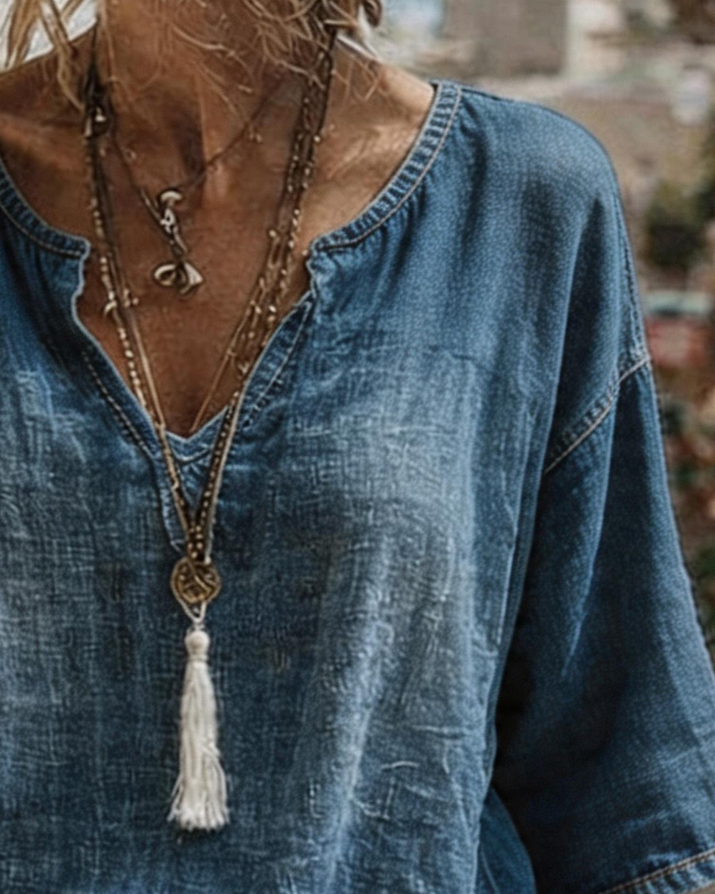 Syleena | Blouse Blue V-Neck Relaxed Fit Top