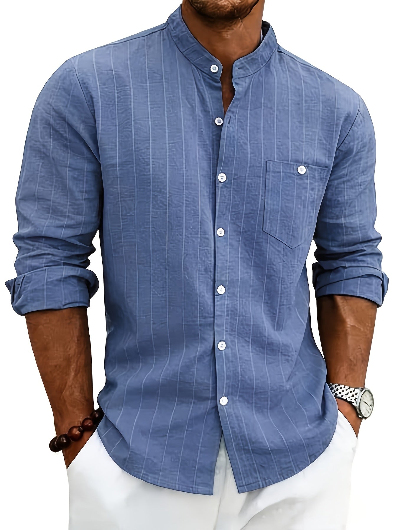 Leslie | Long Sleeve Striped Band Collar Shirt