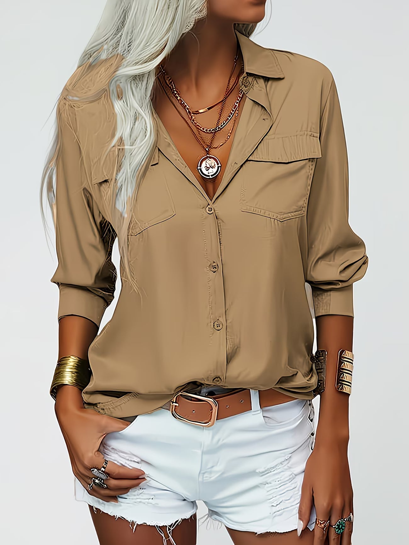 Tierna | Loose Button Front Collared Shirt