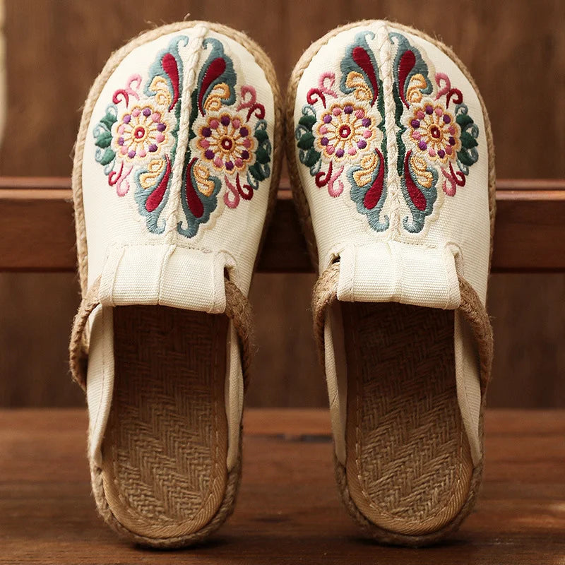 Katy | Floral Embroidered Slip-On Canvas Mules