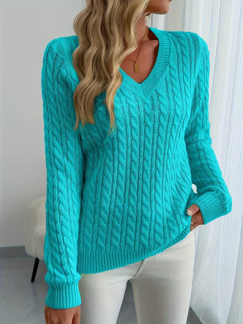 Lenea | Cable Knit V-Neck Long Sleeve Sweater